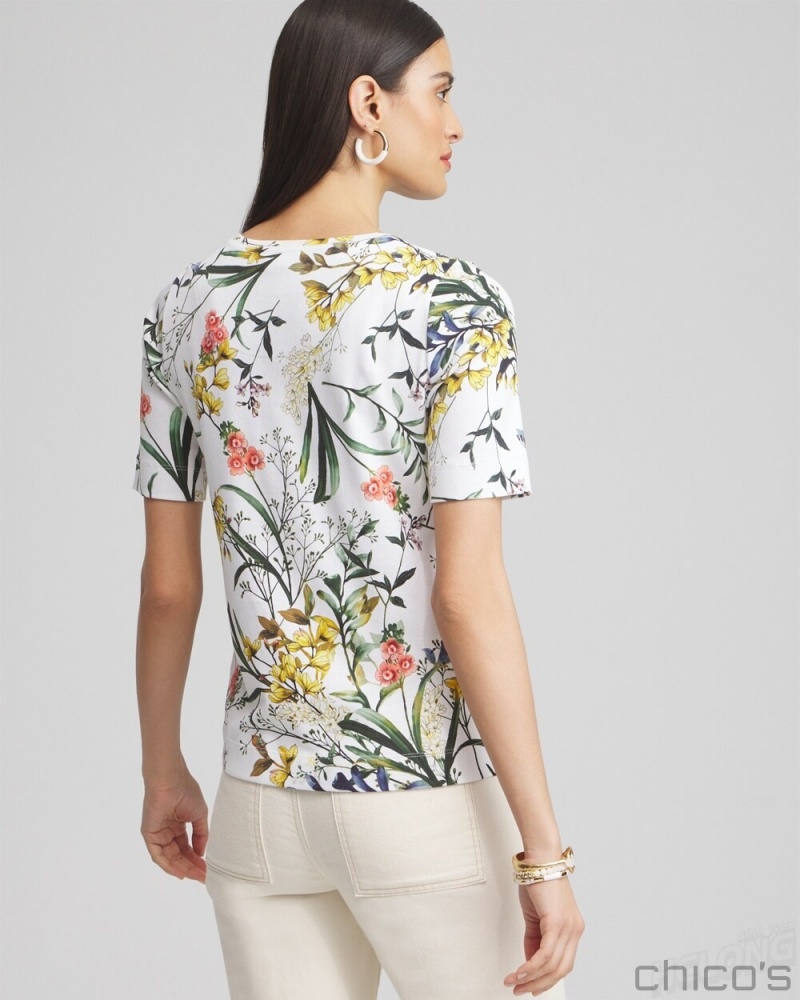 Chico's Floral Everyday Elbow Sleeve Tee Tees & Tanks Alabaster | 752-JKRGFQ