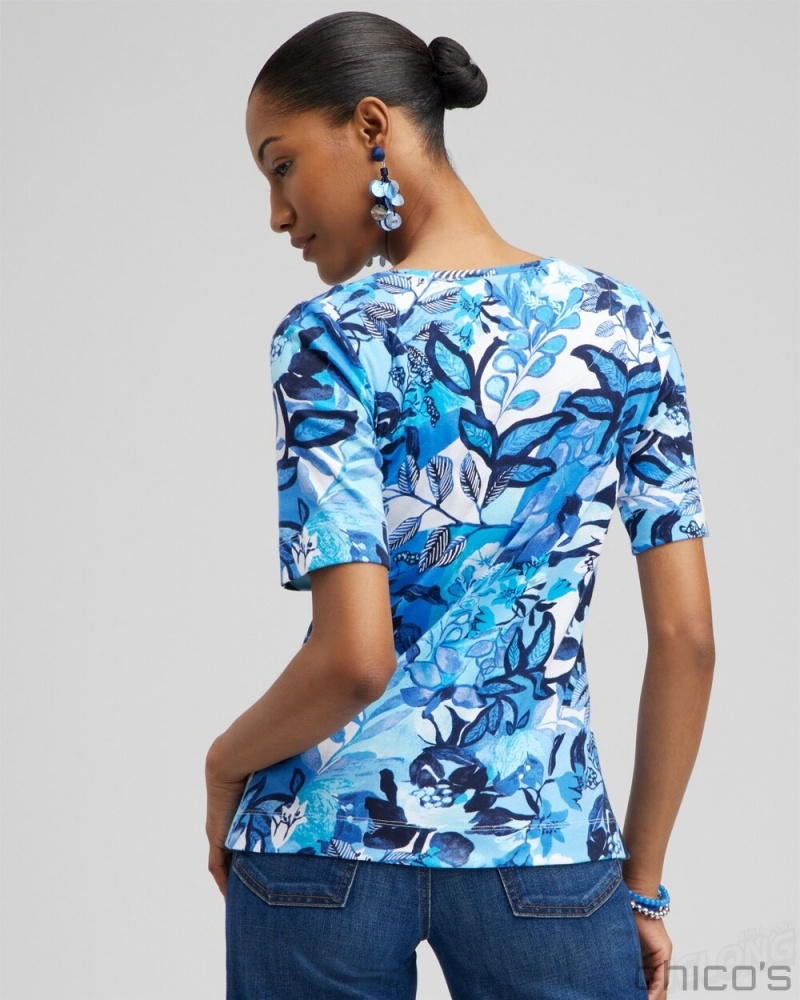 Chico's Floral Everyday Elbow Sleeve Tee Tees & Tanks Intense Azure | 105-EUONXG