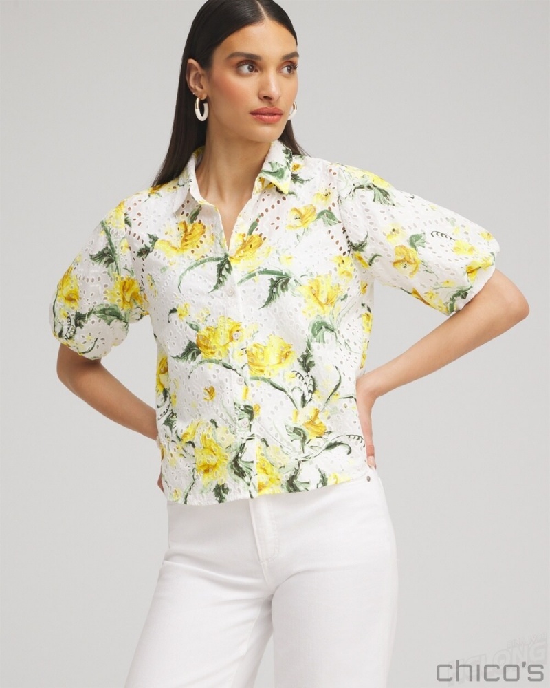 Chico's Floral Eyelet Shirt Blouses & Shirts Lemon Blossom | 462-RNKHYU