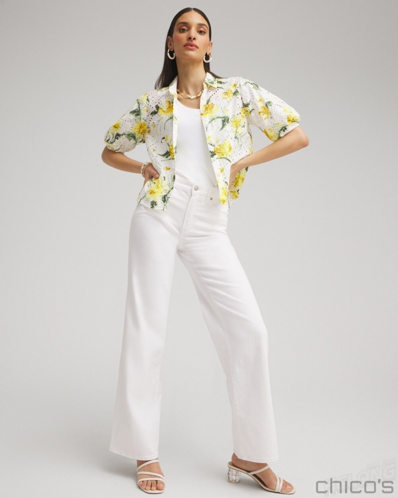 Chico's Floral Eyelet Shirt Blouses & Shirts Lemon Blossom | 462-RNKHYU