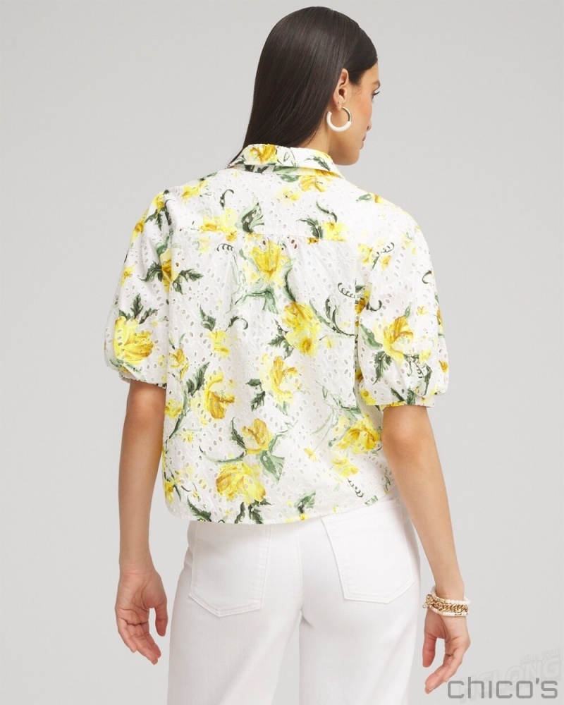 Chico's Floral Eyelet Shirt Blouses & Shirts Lemon Blossom | 462-RNKHYU