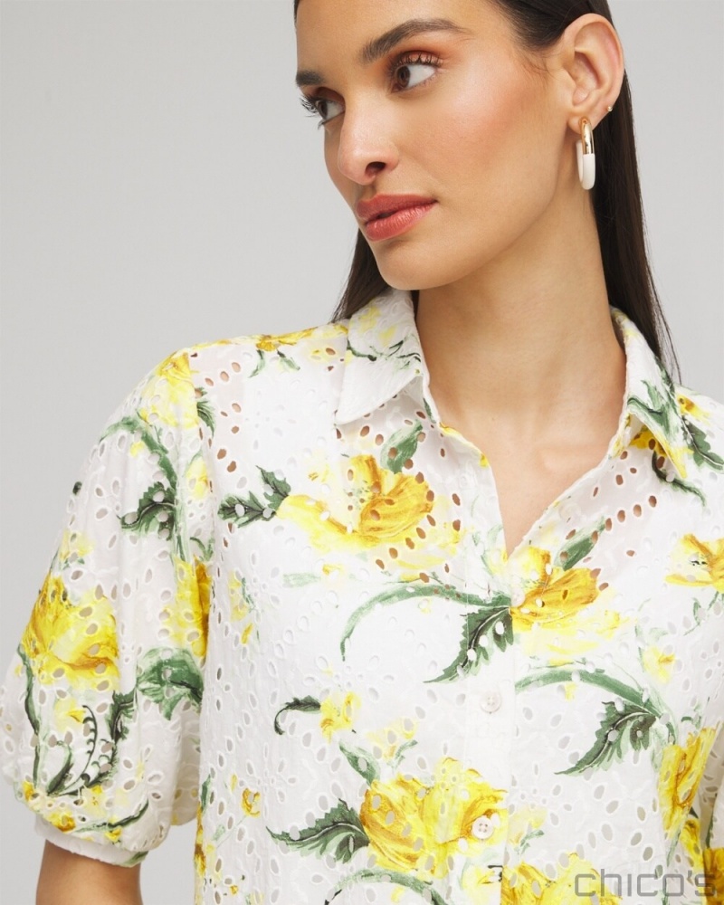 Chico's Floral Eyelet Shirt Blouses & Shirts Lemon Blossom | 462-RNKHYU