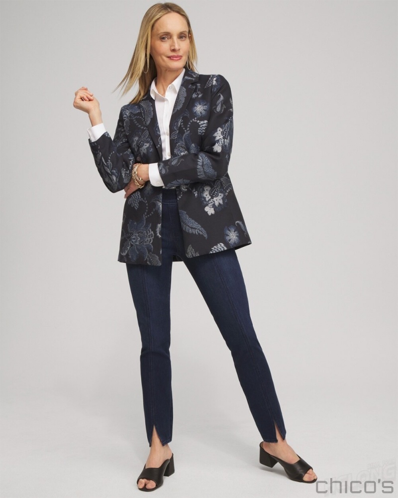 Chico's Floral Jacquard Blazer Jackets & Coats Classic Navy | 460-TOUMFG