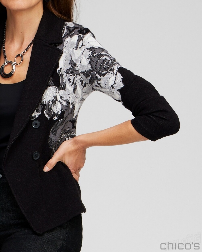 Chico's Floral Jacquard Jacket Sweaters Black | 360-UCGNFR