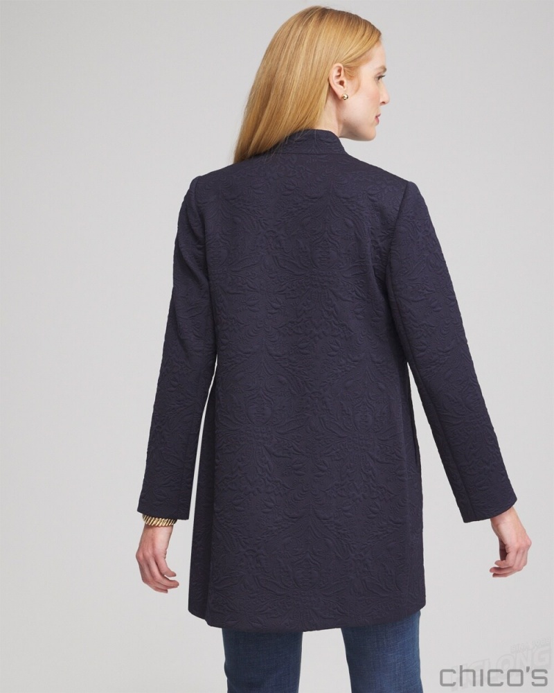 Chico's Floral Jacquard Knit Topper Jackets & Coats Classic Navy | 942-QEJFLZ