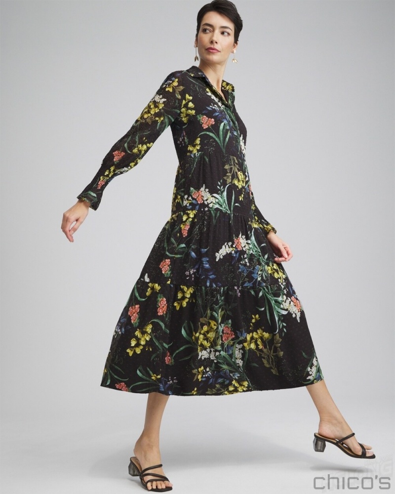 Chico's Floral Jacquard Tiered Dress Dresses Black | 053-RIZVSC