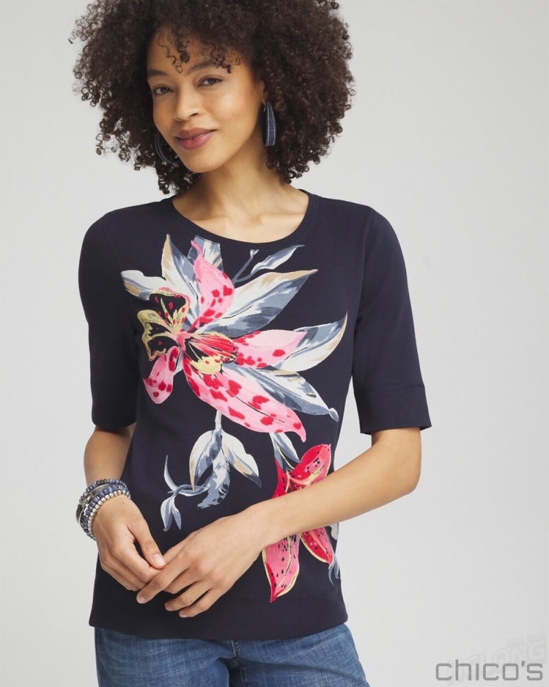 Chico's Floral Jewel Neck Tee Tees & Tanks Classic Navy | 104-COHZMK