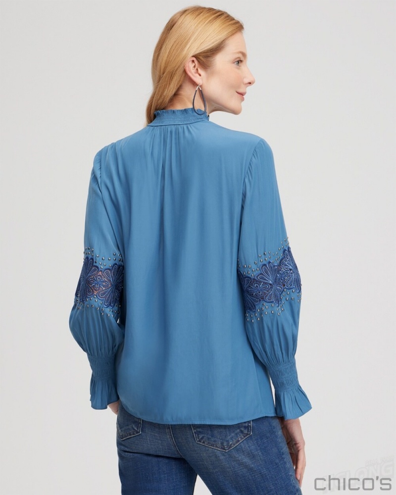 Chico's Floral Lace Detail Top Blouses & Shirts Blue Echo | 473-YWUKDZ