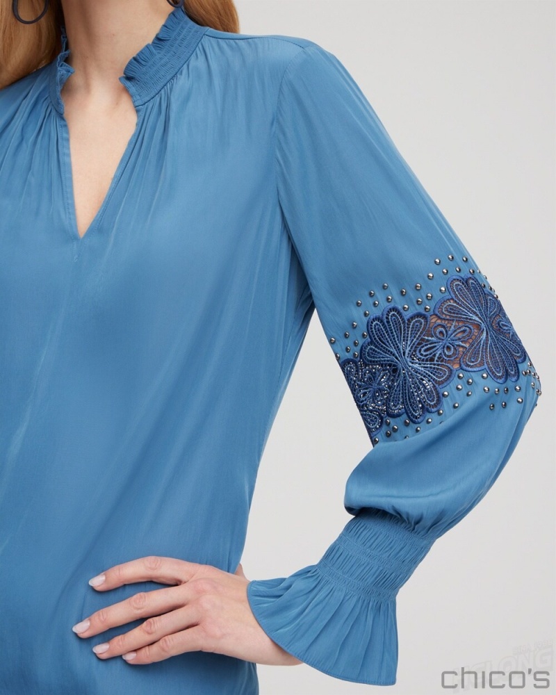 Chico's Floral Lace Detail Top Blouses & Shirts Blue Echo | 473-YWUKDZ