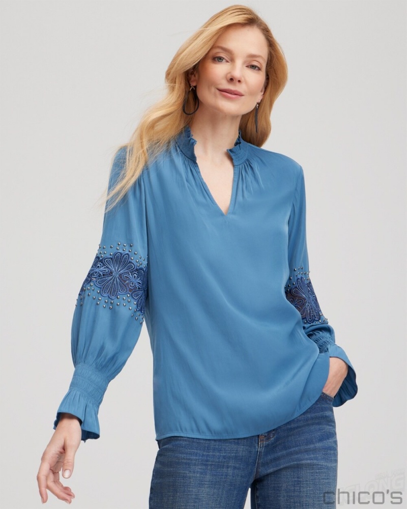 Chico\'s Floral Lace Detail Top Blouses & Shirts Blue Echo | 473-YWUKDZ