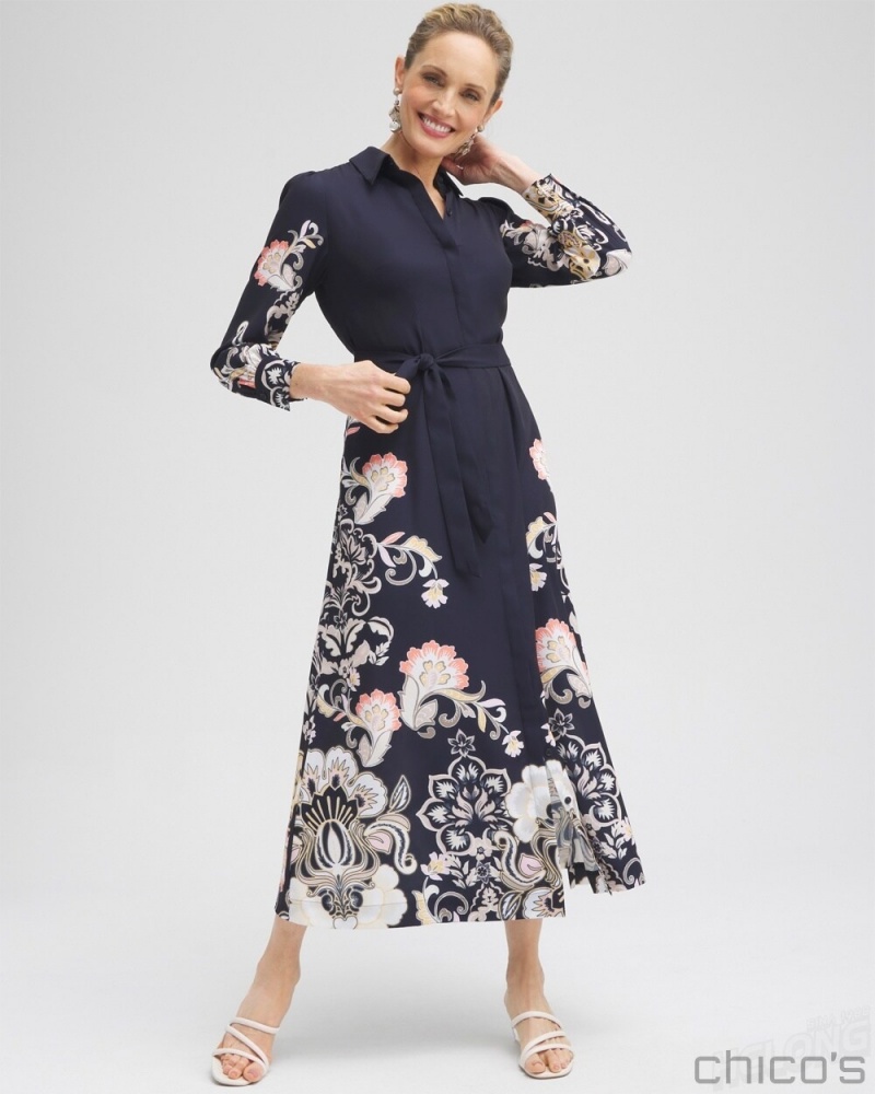 Chico's Floral Maxi Shirt Dress Dresses Classic Navy | 175-JYKXVO