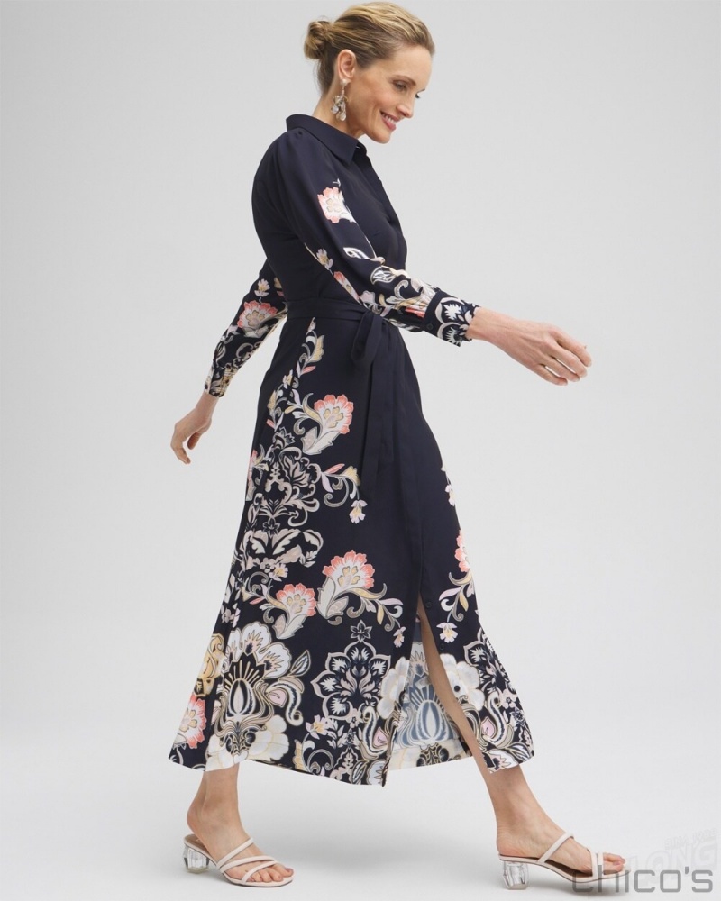 Chico's Floral Maxi Shirt Dress Dresses Classic Navy | 175-JYKXVO