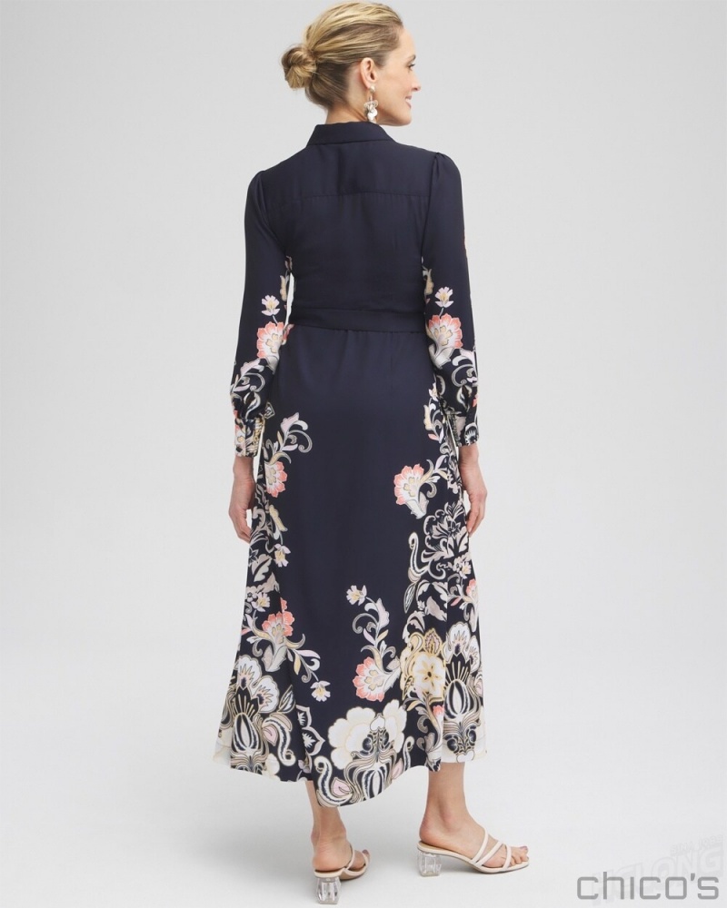 Chico's Floral Maxi Shirt Dress Dresses Classic Navy | 175-JYKXVO