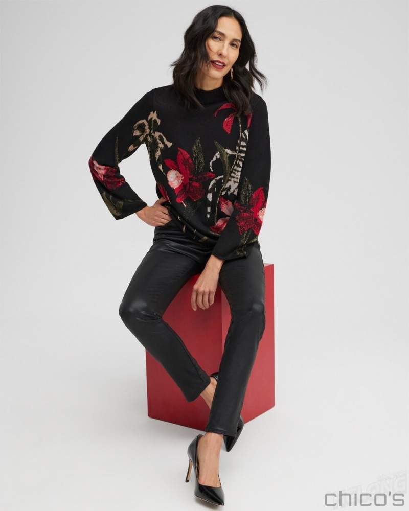 Chico's Floral Mock Neck Sweater Sweaters Black | 382-FUSTMV