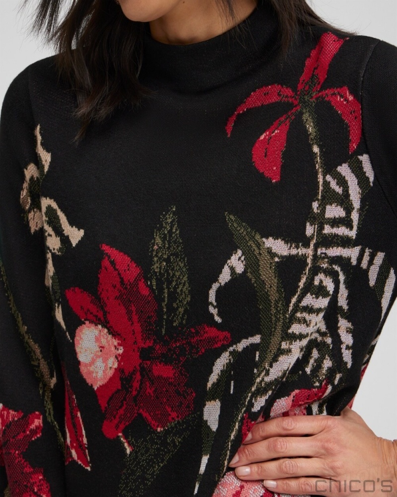 Chico's Floral Mock Neck Sweater Sweaters Black | 382-FUSTMV