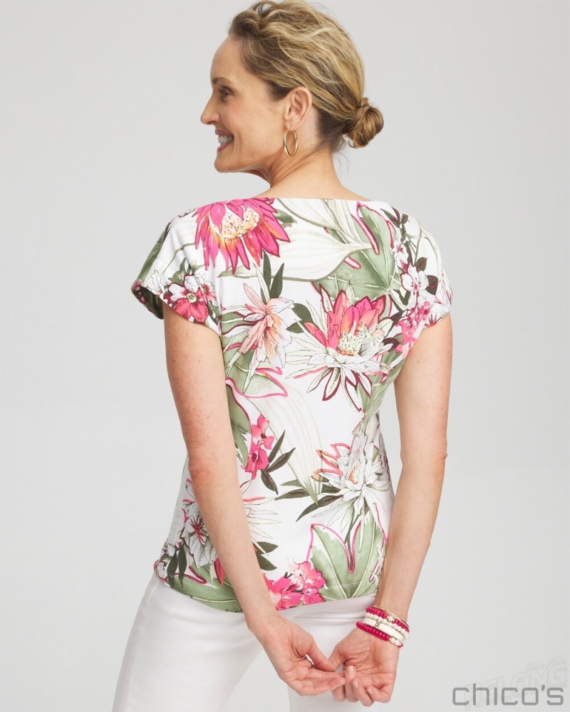 Chico's Floral Modern Cap Sleeve Tee Tees & Tanks PINK BROMELIAD | 109-HNMYLE