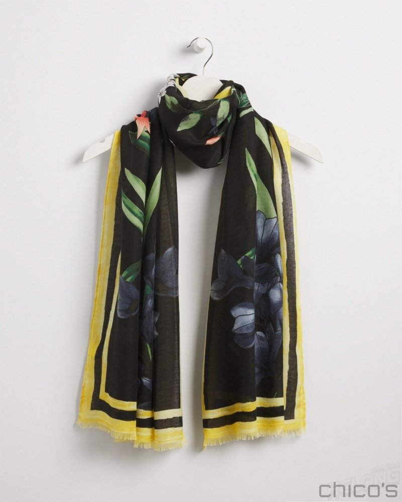 Chico\'s Floral Oblong Scarf Scarves Black | 583-YETBRO