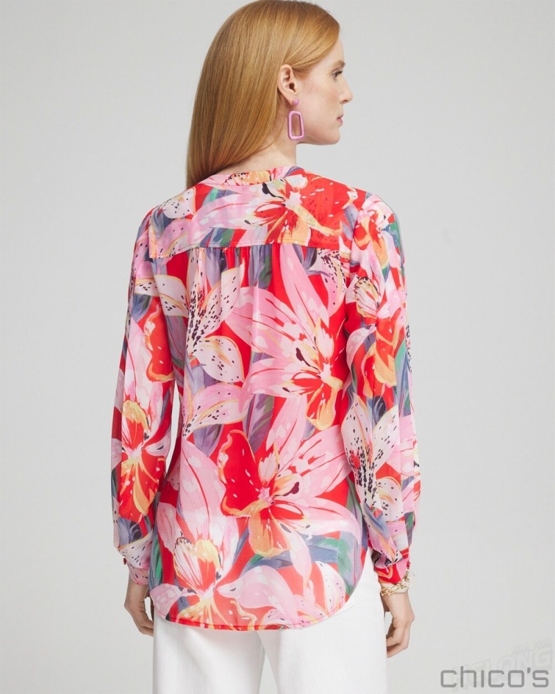 Chico's Floral Pleated Sleeve Blouse Blouses & Shirts Watermelon Punch | 316-EYOBPI