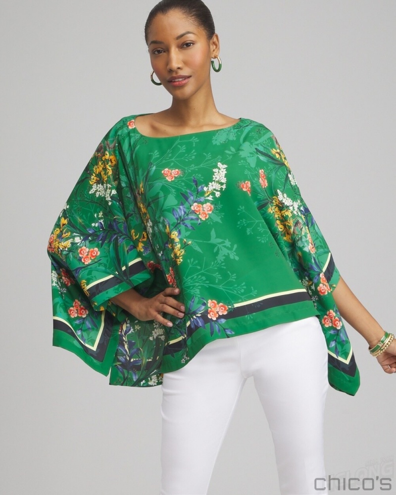 Chico\'s Floral Poncho Ponchos & Ruanas Verdant Green | 459-LRJXMA