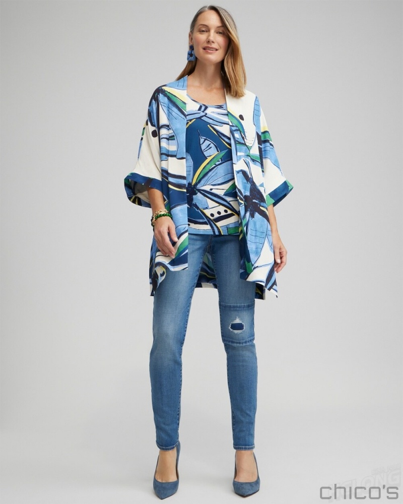 Chico's Floral Print Long Kimono Ponchos & Ruanas Blue Veil | 368-LSAWRF