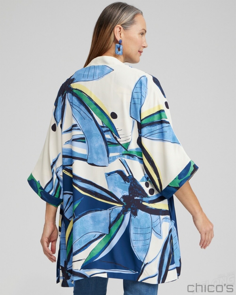 Chico's Floral Print Long Kimono Ponchos & Ruanas Blue Veil | 368-LSAWRF