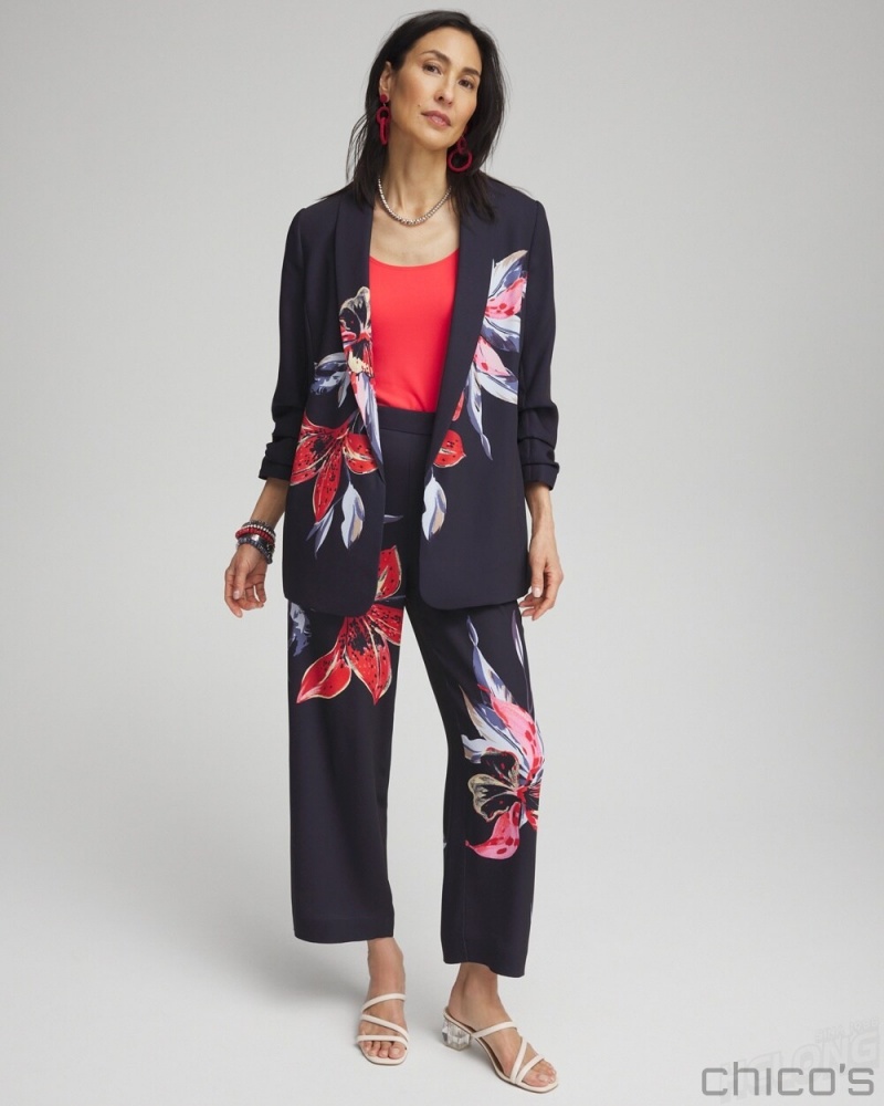 Chico's Floral Ruched Sleeve Soft Jacket Jackets & Coats Classic Navy | 851-IDEBRY