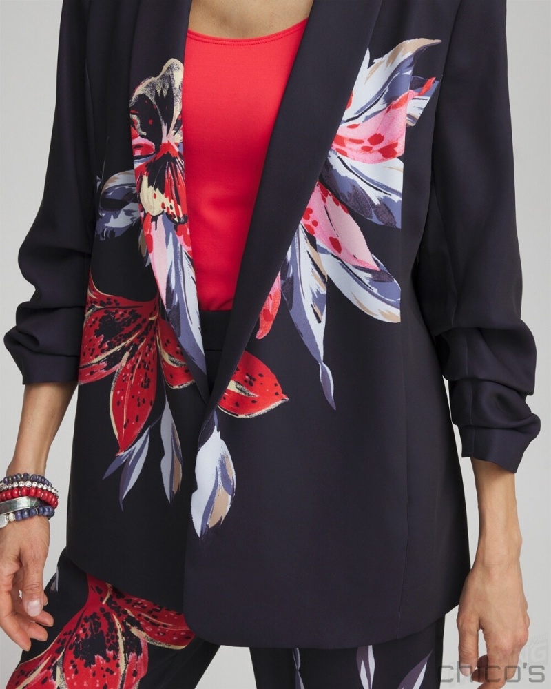 Chico's Floral Ruched Sleeve Soft Jacket Jackets & Coats Classic Navy | 851-IDEBRY