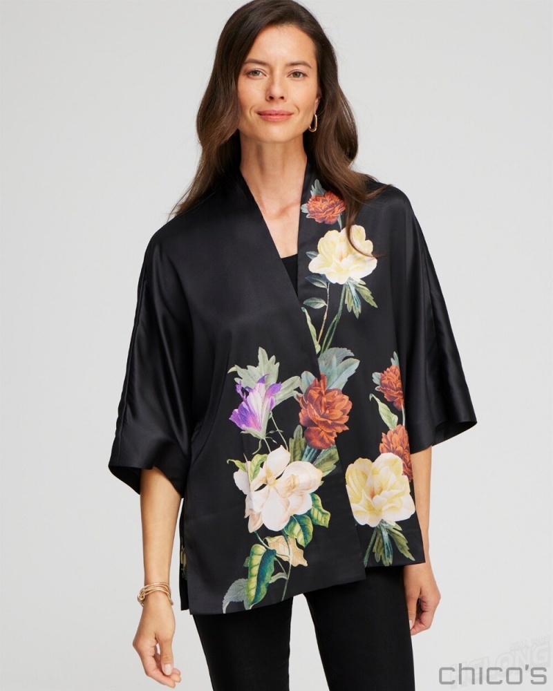 Chico's Floral Short Kimono Ponchos & Ruanas Black | 176-SGUBWV