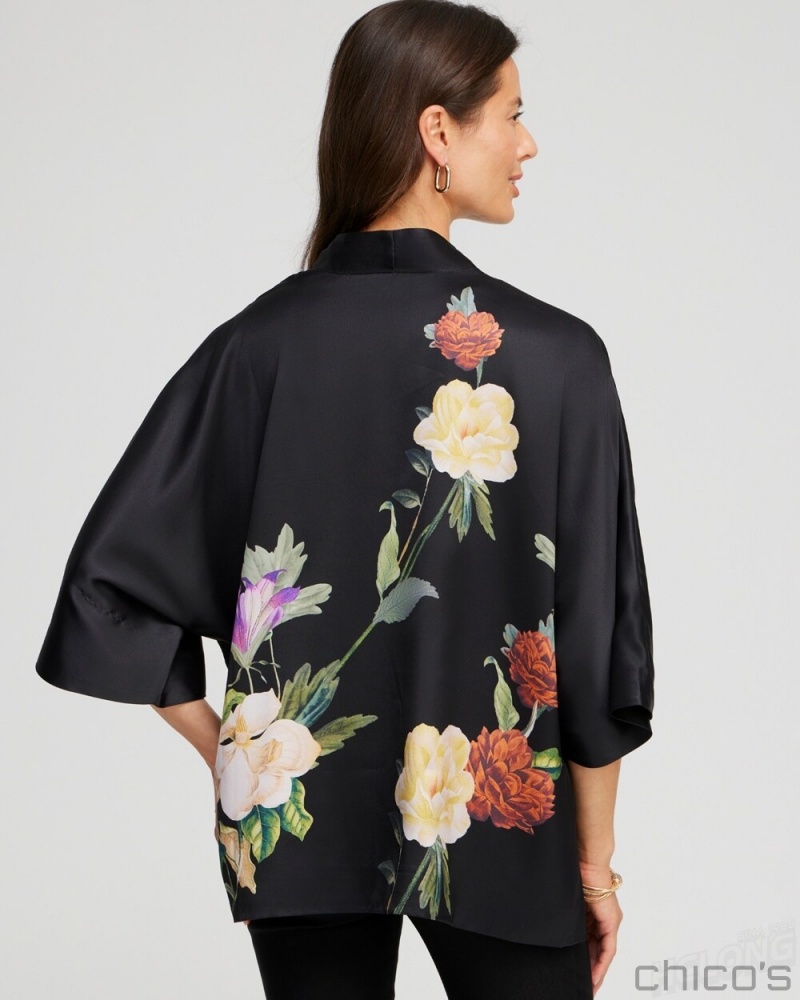 Chico's Floral Short Kimono Ponchos & Ruanas Black | 176-SGUBWV