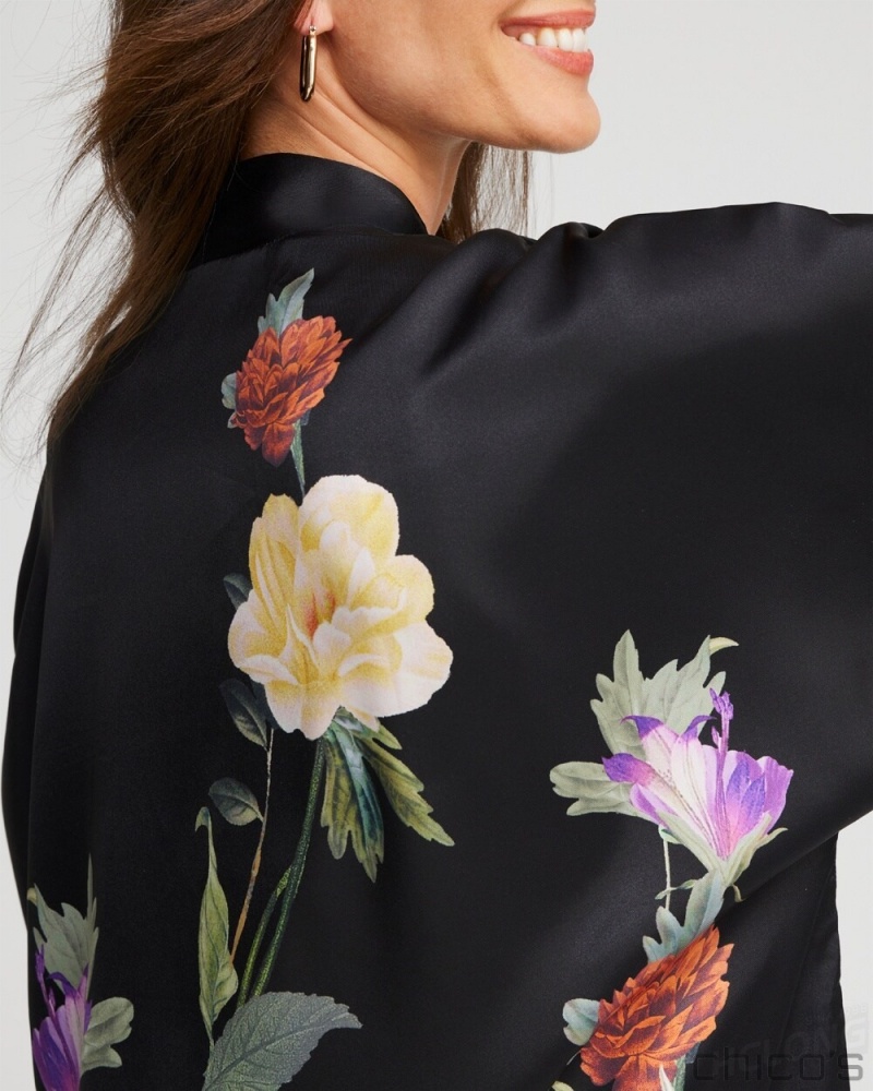 Chico's Floral Short Kimono Ponchos & Ruanas Black | 176-SGUBWV