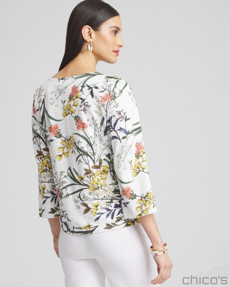 Chico's Floral Square Neck Bell Sleeve Top Tees & Tanks Alabaster | 472-YWKFHR