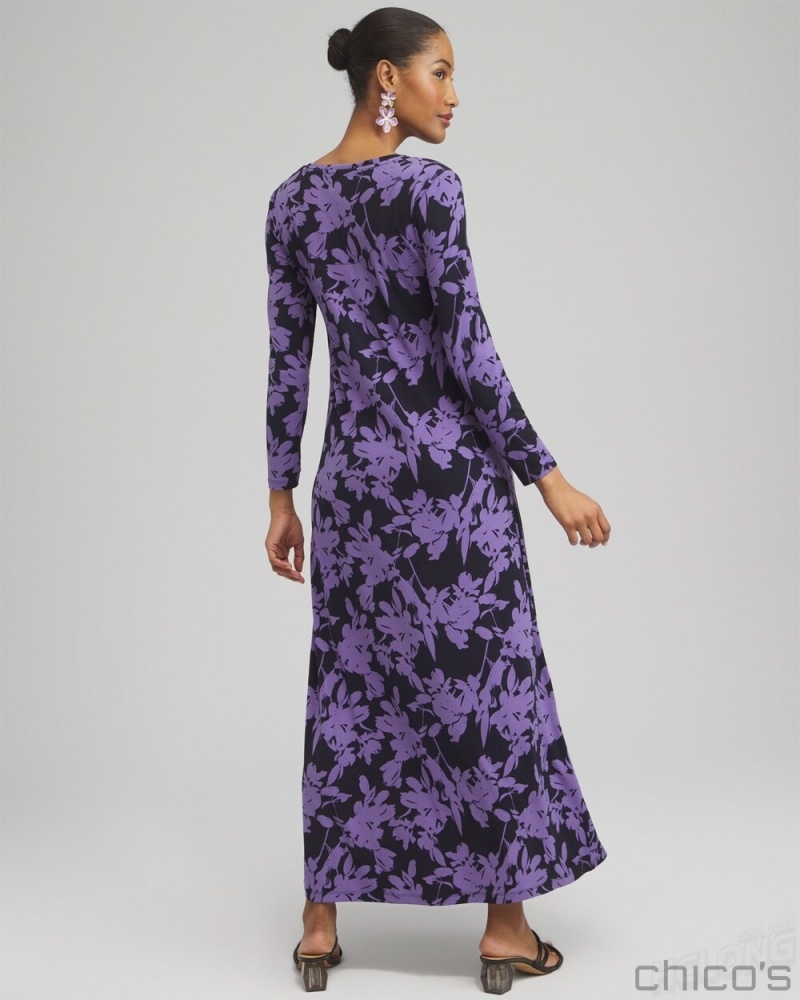 Chico's Floral V-neck Maxi Dress Dresses Classic Navy | 672-MROYJU