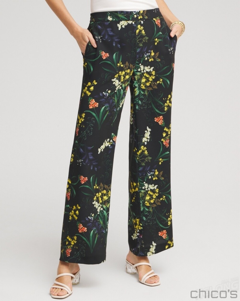 Chico's Floral Wide Leg Soft Pants Pants Black And Green | 342-DGKXPY