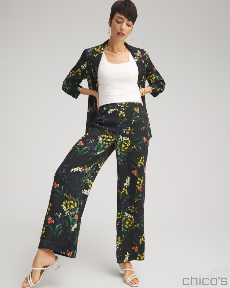 Chico's Floral Wide Leg Soft Pants Pants Black And Green | 342-DGKXPY