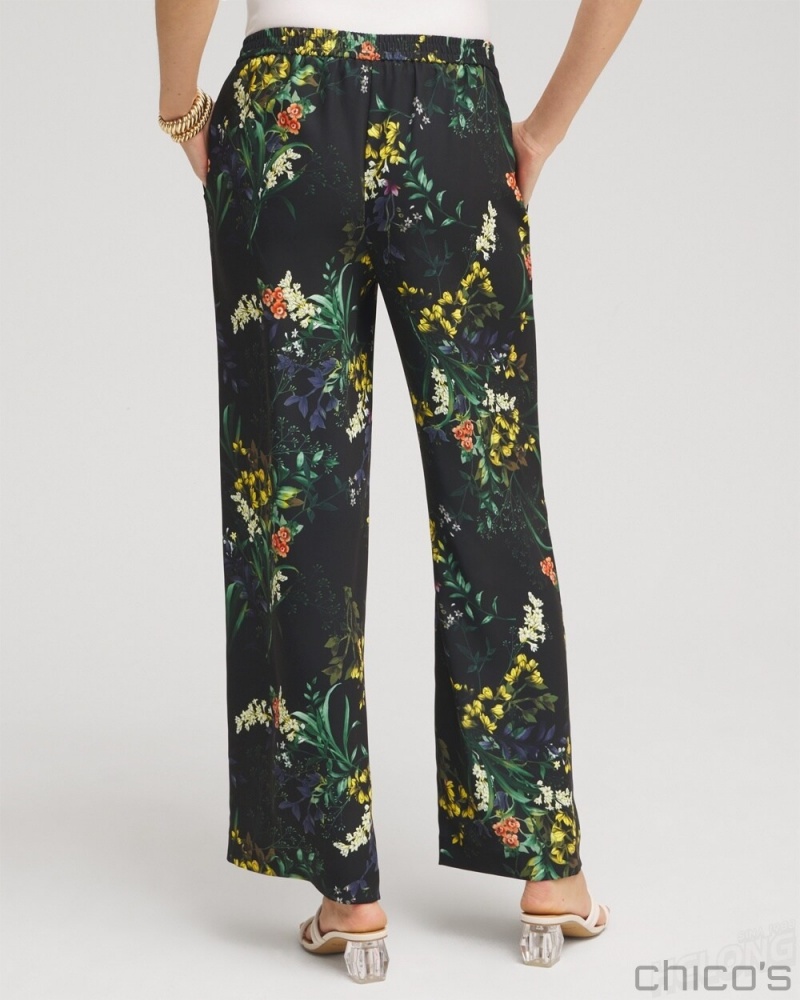 Chico's Floral Wide Leg Soft Pants Pants Black And Green | 342-DGKXPY