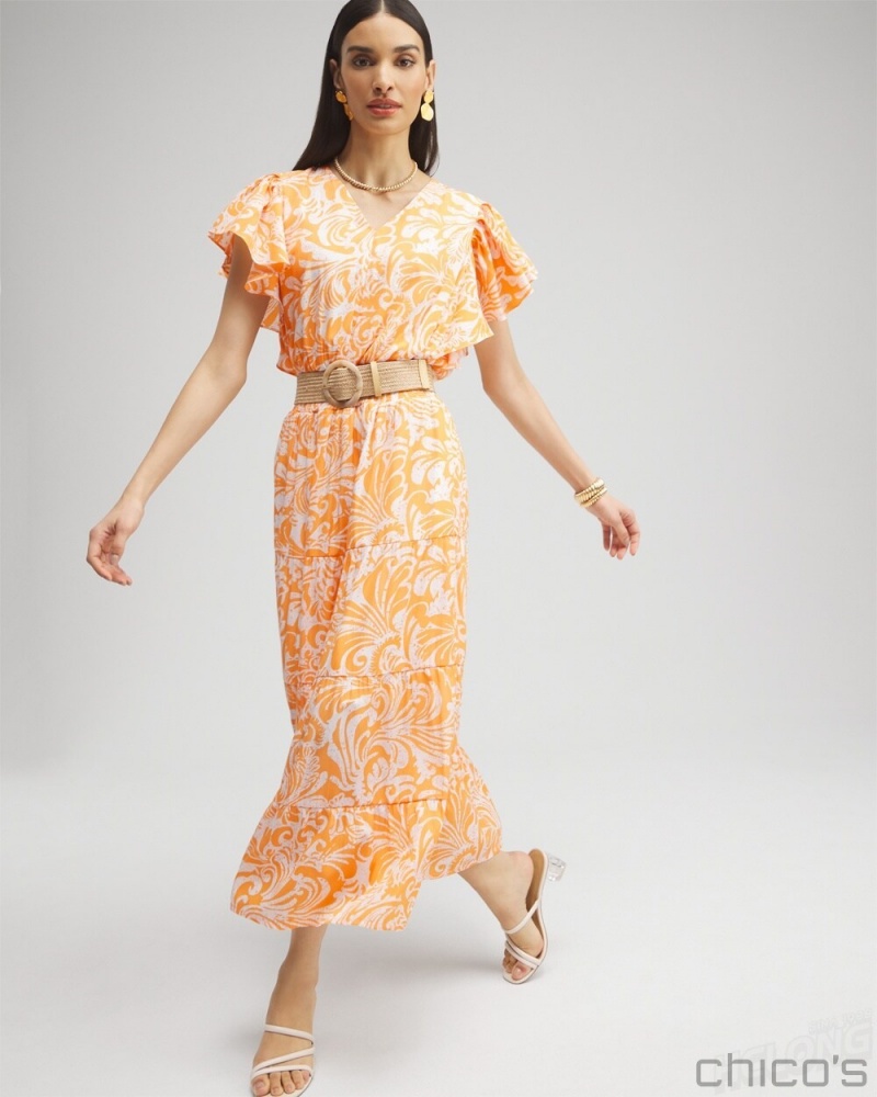 Chico's Flutter Sleeve Tiered Maxi Dress Dresses Nectarine | 341-SKEMOW