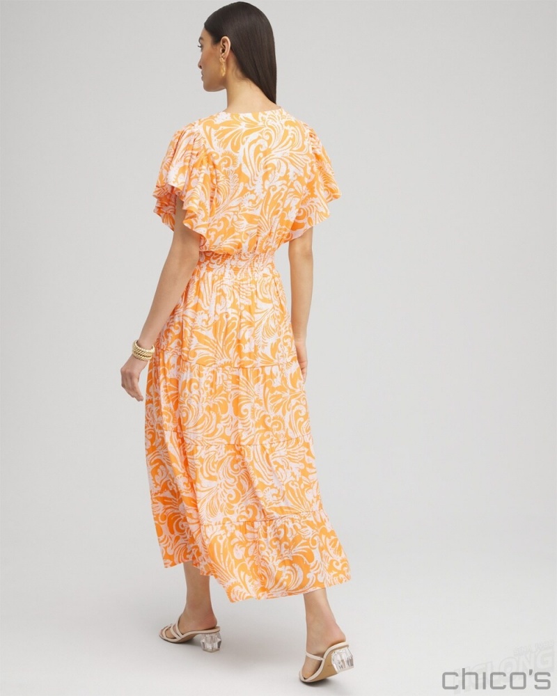 Chico's Flutter Sleeve Tiered Maxi Dress Dresses Nectarine | 341-SKEMOW