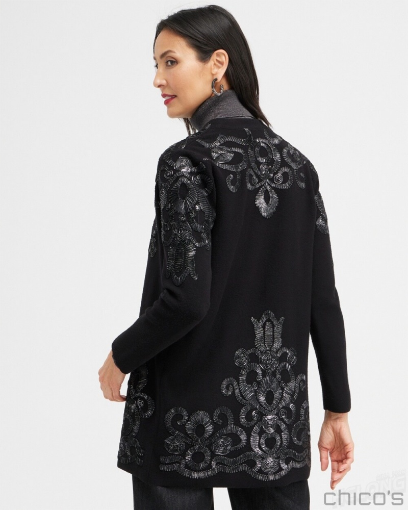 Chico's Foil Soutache Cardigan Sweater Sweaters Black | 649-RLZGOJ