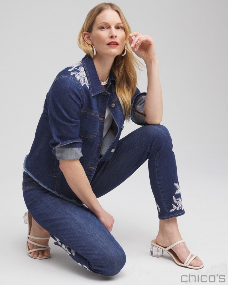 Chico's Fray Hem Embroidered Denim Jacket Jackets & Coats Morwenna Indigo | 965-AGQNRD