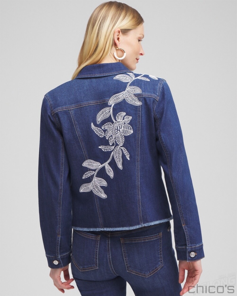 Chico's Fray Hem Embroidered Denim Jacket Jackets & Coats Morwenna Indigo | 965-AGQNRD