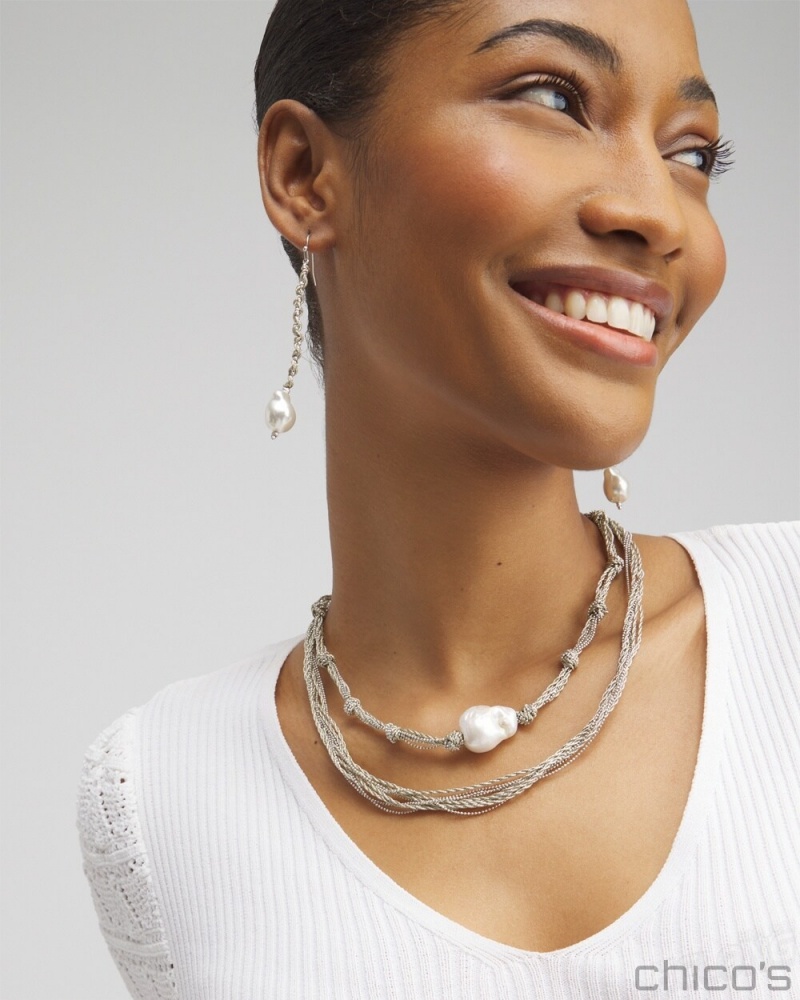 Chico's Fresh Water Pearl Convertible Necklace Necklaces Silver | 914-MVJPDG