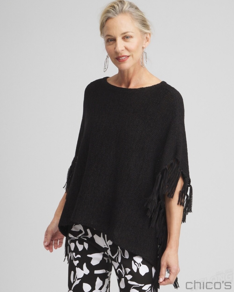 Chico's Fringe Knit Poncho Ponchos & Ruanas Black | 860-ABGNXL