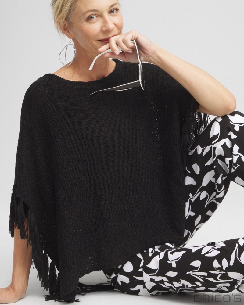 Chico's Fringe Knit Poncho Ponchos & Ruanas Black | 860-ABGNXL