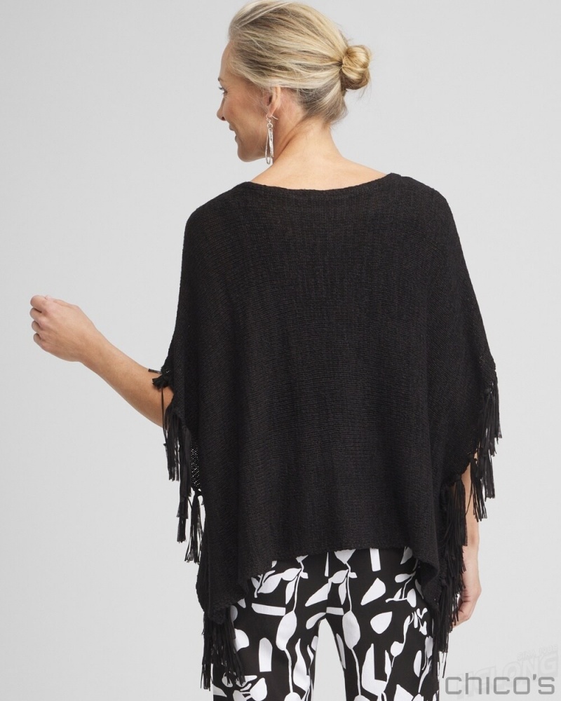 Chico's Fringe Knit Poncho Ponchos & Ruanas Black | 860-ABGNXL