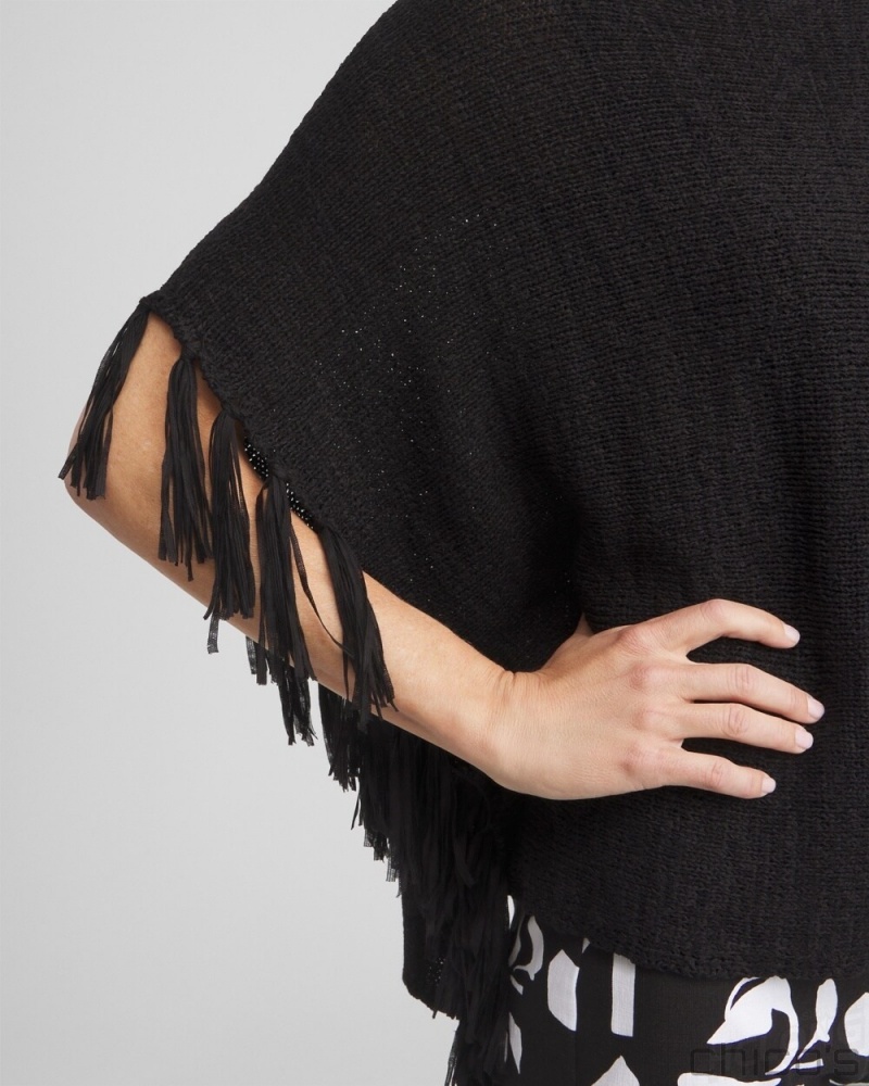 Chico's Fringe Knit Poncho Ponchos & Ruanas Black | 860-ABGNXL