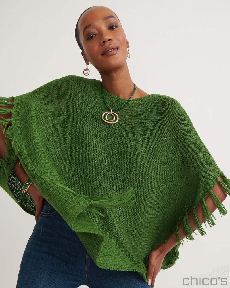 Chico\'s Fringe Knit Poncho Ponchos & Ruanas Verdant Green | 874-RPKCMI