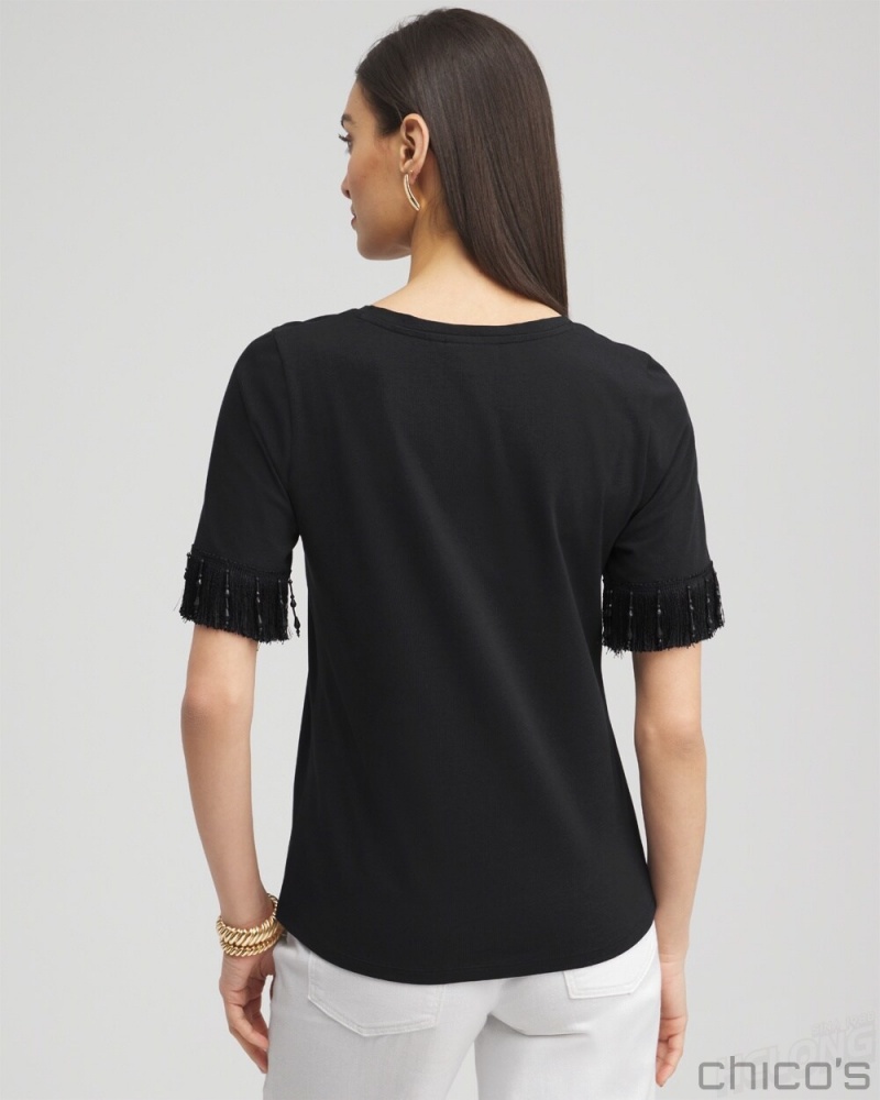 Chico's Fringe Trim Top Tees & Tanks Black | 965-ERTOVN