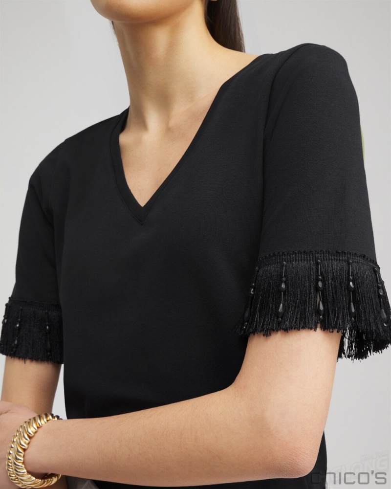 Chico's Fringe Trim Top Tees & Tanks Black | 965-ERTOVN