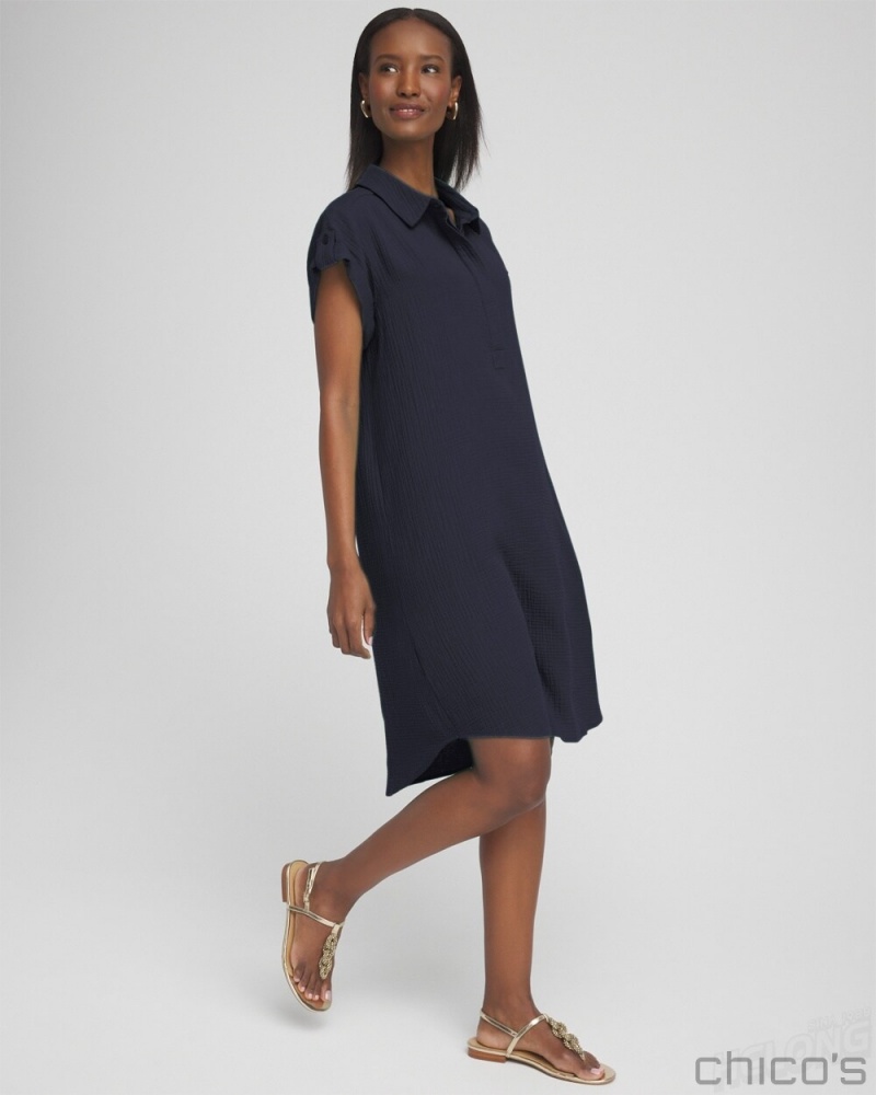 Chico's Gauze Roll Tab Sleeve Dress Dresses Classic Navy | 403-EWQODM