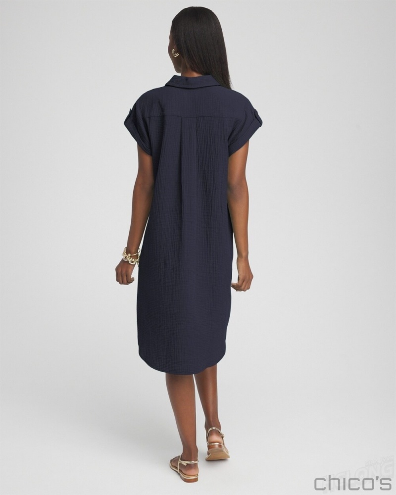 Chico's Gauze Roll Tab Sleeve Dress Dresses Classic Navy | 403-EWQODM